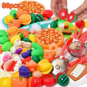 86 PCS Cutting Play Food - Toy Kitchen Pretend Play Set for Kids, Toddler Kitchen Pretend Food w/ Basket Fruit Vegetables Pizza for 3-8 Boys & Girls
