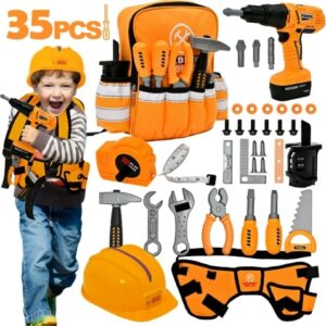 FANL 35PCS Kids Tool Set - Pretend Play Kids Tool Toys with Construction Backpack Costume & Electronic Toy Drill for Boy Girl Halloween Birthday Dress Up Party