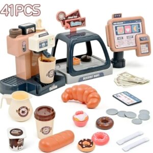 Pretend Play Toys - 41 PCS Kids Coffee Maker with Toy Cash Register, Create Sweet Treats and Brew Coffee in Style Play Set, Role Play Toy with Toy Food for Girls and Boys