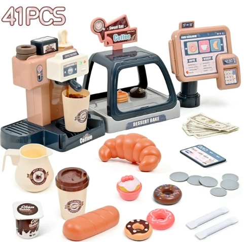 Pretend Play Toys - 41 PCS Kids Coffee Maker with Toy Cash Register, Create Sweet Treats and Brew Coffee in Style Play Set, Role Play Toy with Toy Food for Girls and Boys