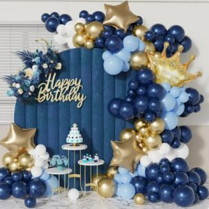 Balloon Arch Kit - 144PCS Metallic Gold Blue Balloons Latex Balloons with Happy Birthday Banner for Boys Birthday Party Decoration