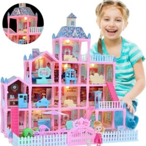 Huge Doll House - 285 PCS Girl Toys Dream Dollhouse 12 Rooms Playhouse with LED Lights Furniture and Accessories, Big Doll House for Princess Age 3-10