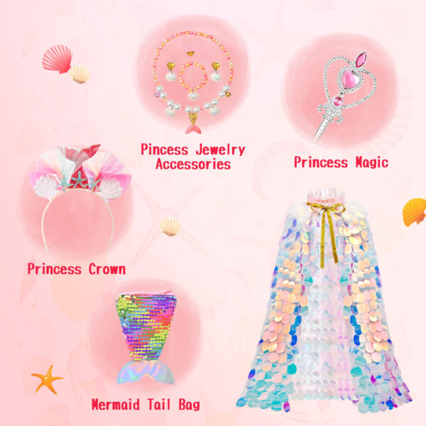 Princess Dress Up Toys Princess Dress Up Clothes Rainbow Mermaid Cape Kit 9 Pcs Gift Set for Little Girls 3-8 Years Old, Great Gift Set for Birthday - Image 3
