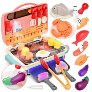 Barbecue Grill Toy Set, Kids BBQ Kitchen Play Set with Smoke/Sound, Pretend Play BBQ Play Set Accessories Camping Cooking for Toddlers Girls and Boys Ages 3-12