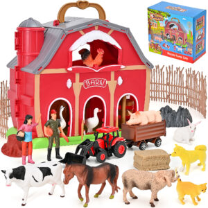 Farm Animal Toys - Red Barn Farm Playset with Miniature Animal Figurines for Toddlers, Realistic Pretend Farm Role-Playing Game, Farm Animal Toys for Toddlers Learning Activities