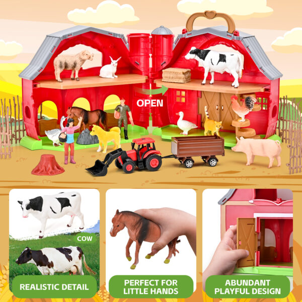 Farm Animal Toys - Red Barn Farm Playset with Miniature Animal Figurines for Toddlers, Realistic Pretend Farm Role-Playing Game, Farm Animal Toys for Toddlers Learning Activities - Image 2